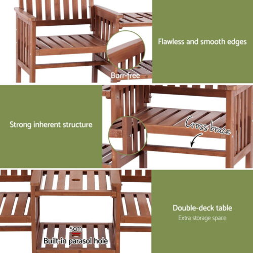Gardeon Outdoor Garden Bench Loveseat Wooden Table Chairs Patio Furniture Brown - Image 5