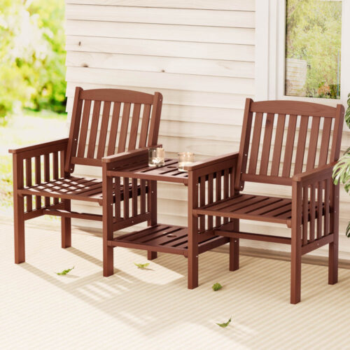 Gardeon Outdoor Garden Bench Loveseat Wooden Table Chairs Patio Furniture Brown - Image 7