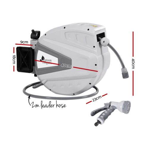 Green Fingers 30M Water Hose Reel Retractable Auto Rewind Wall Mount Garden Spray Gun - Image 2