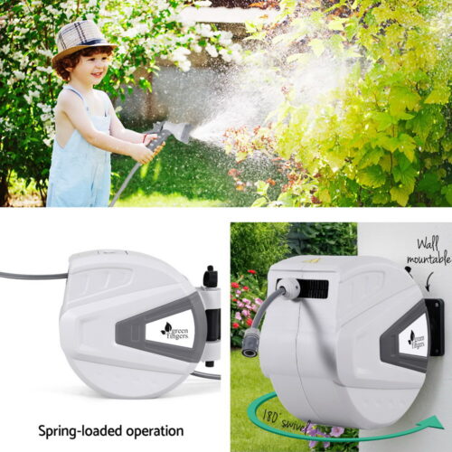 Green Fingers 30M Water Hose Reel Retractable Auto Rewind Wall Mount Garden Spray Gun - Image 5