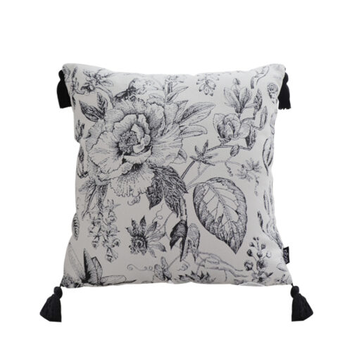 50cm Throw Pillow Black White Elegant Floral Print with Tassel Accents Decor