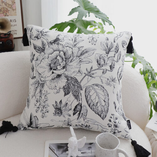 50cm Throw Pillow Black White Elegant Floral Print with Tassel Accents Decor - Image 2