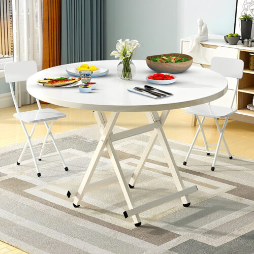 White Dining Table Portable Round Surface Space Saving Folding Desk Decor - Image 4