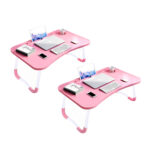 2x Pink Portable Bed Table Adjustable Folding Mini Desk Notebook Stand Card Slot Holder with Cup Holder