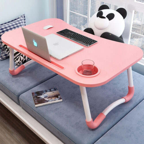 2x Pink Portable Bed Table Adjustable Folding Mini Desk Notebook Stand Card Slot Holder with Cup Holder - Image 2