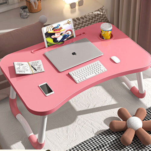2x Pink Portable Bed Table Adjustable Folding Mini Desk Notebook Stand Card Slot Holder with Cup Holder - Image 3