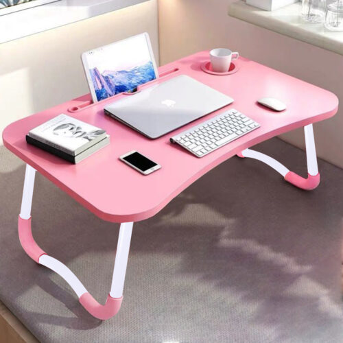 2x Pink Portable Bed Table Adjustable Folding Mini Desk Notebook Stand Card Slot Holder with Cup Holder - Image 4