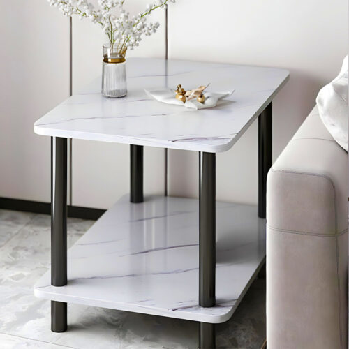 70cm White Ceramic Table Stone Pattern Modern with Black Metal Legs - Image 5