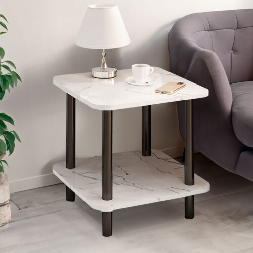 70cm White Ceramic Table Stone Pattern Modern with Black Metal Legs - Image 7