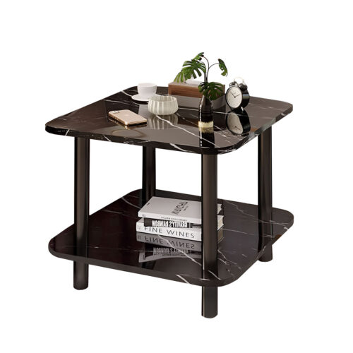 70cm Black Ceramic Side Table Stone Pattern Modern with Black Metal Legs