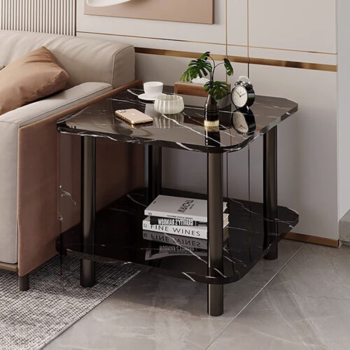 70cm Black Ceramic Side Table Stone Pattern Modern with Black Metal Legs - Image 2
