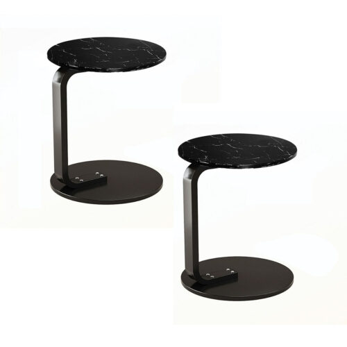 2x 50cm Black Marble Mini Side Table Movable Lightweight Black Frame