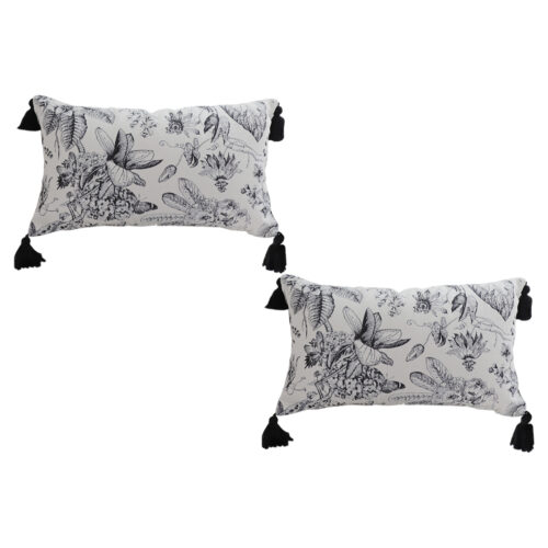 2x 35cm Throw Pillow Black White Floral Print Elegant with Tassel Accents Decor