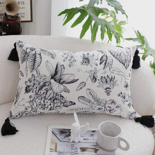 2x 35cm Throw Pillow Black White Floral Print Elegant with Tassel Accents Decor - Image 2