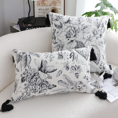 2x 35cm Throw Pillow Black White Floral Print Elegant with Tassel Accents Decor - Image 3