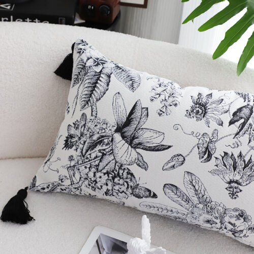 2x 35cm Throw Pillow Black White Floral Print Elegant with Tassel Accents Decor - Image 4