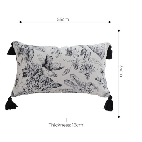 2x 35cm Throw Pillow Black White Floral Print Elegant with Tassel Accents Decor - Image 5