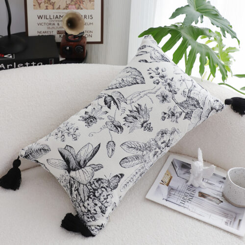 2x 35cm Throw Pillow Black White Floral Print Elegant with Tassel Accents Decor - Image 6