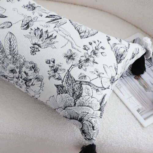 2x 35cm Throw Pillow Black White Floral Print Elegant with Tassel Accents Decor - Image 7