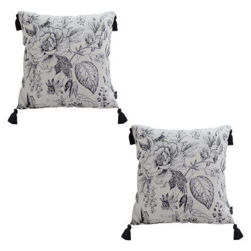 2x 50cm Throw Pillow Black White Elegant Floral Print with Tassel Accents Decor
