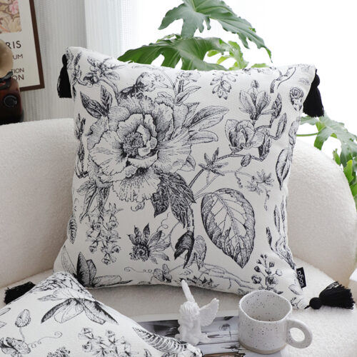 2x 50cm Throw Pillow Black White Elegant Floral Print with Tassel Accents Decor - Image 3