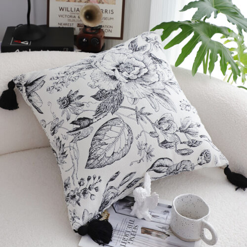 2x 50cm Throw Pillow Black White Elegant Floral Print with Tassel Accents Decor - Image 4