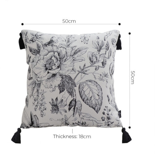 2x 50cm Throw Pillow Black White Elegant Floral Print with Tassel Accents Decor - Image 5