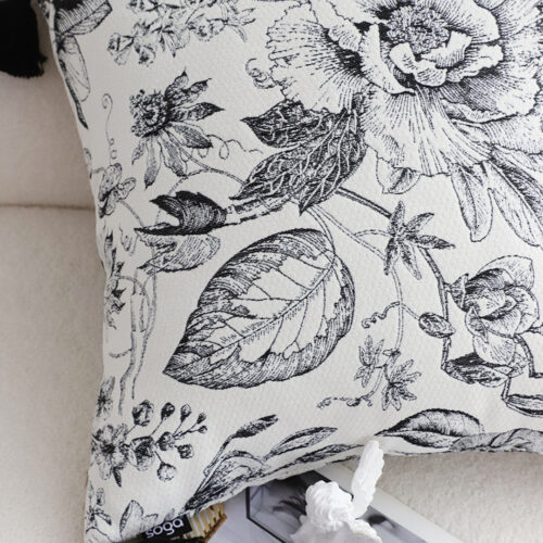 2x 50cm Throw Pillow Black White Elegant Floral Print with Tassel Accents Decor - Image 6
