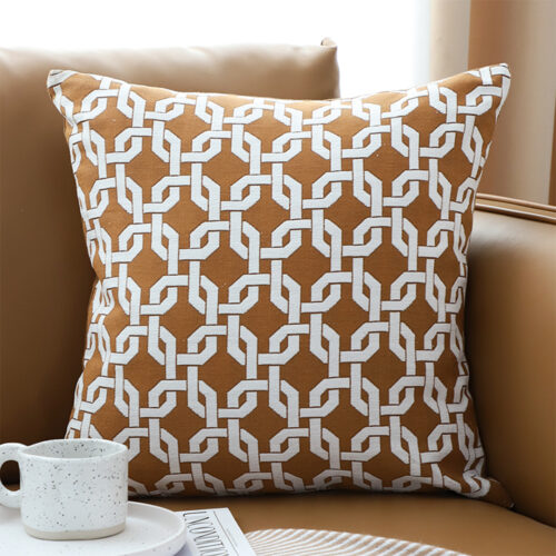 2x 50cm Brown Checkered Chain Jacquard Square Pillow Decorative Cushion - Image 2