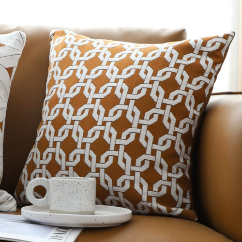 2x 50cm Brown Checkered Chain Jacquard Square Pillow Decorative Cushion - Image 6