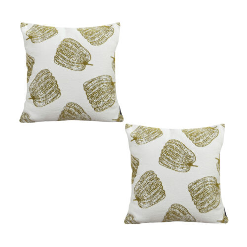 2x 50cm Throw Pillow White with Olive Green Autumn Harvest Pumpkin Print Decor
