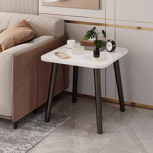 2x 40cm White Ceramic Table Stone Pattern Compact Modern with Black Metal Legs - Image 2