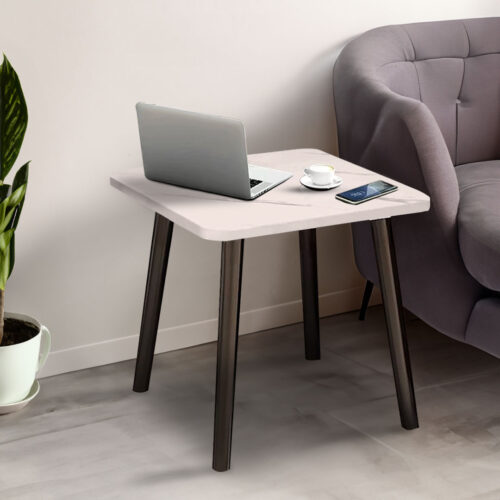 2x 40cm White Ceramic Table Stone Pattern Compact Modern with Black Metal Legs - Image 3