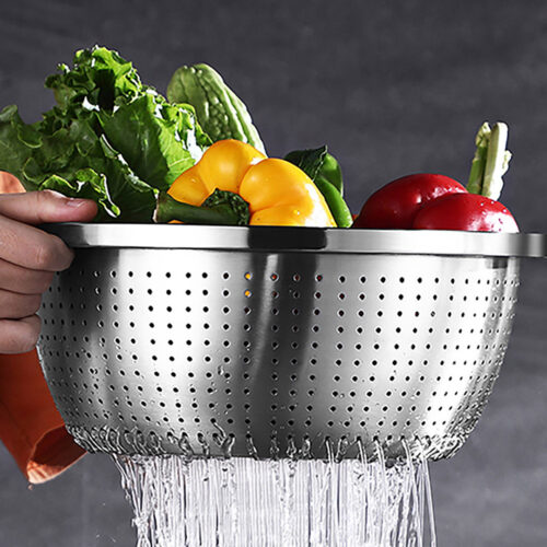 2x Stainless Steel Nesting Basin Colander Sink Washing Bowl Metal Basket Strainer Set of 3 - Image 3