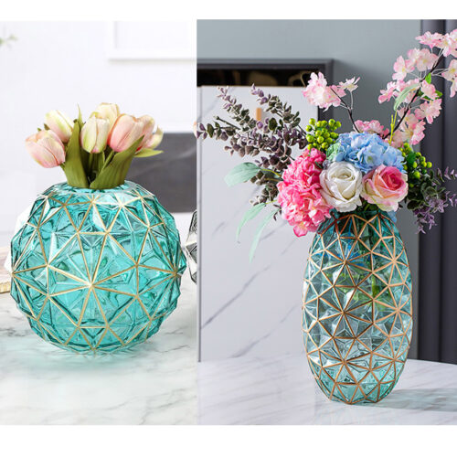 Green Colored Diamond Cut Glass Flower Vase Round Jar Decor with Gold Accent Large Medium Set - Image 7