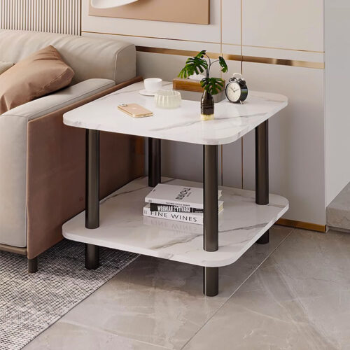 2x 60cm White Ceramic Side Table Stone Pattern Modern with Metal Legs - Image 2