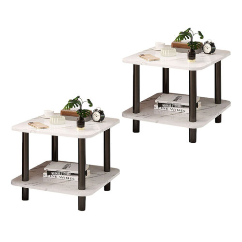 2x 70cm White Ceramic Table Stone Pattern Modern with Black Metal Legs