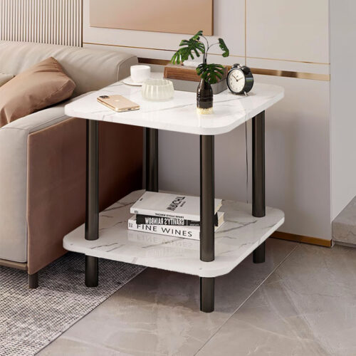 2x 70cm White Ceramic Table Stone Pattern Modern with Black Metal Legs - Image 2