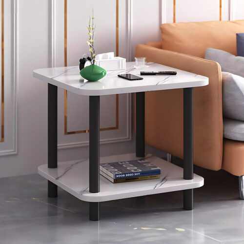 2x 70cm White Ceramic Table Stone Pattern Modern with Black Metal Legs - Image 3