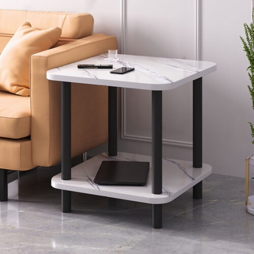 2x 70cm White Ceramic Table Stone Pattern Modern with Black Metal Legs - Image 4