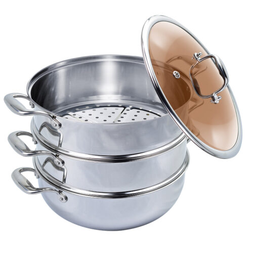 3 Tier 32cm Heavy Duty Stainless Steel Food Steamer Vegetable Pot Stackable Pan Insert with Glass Lid