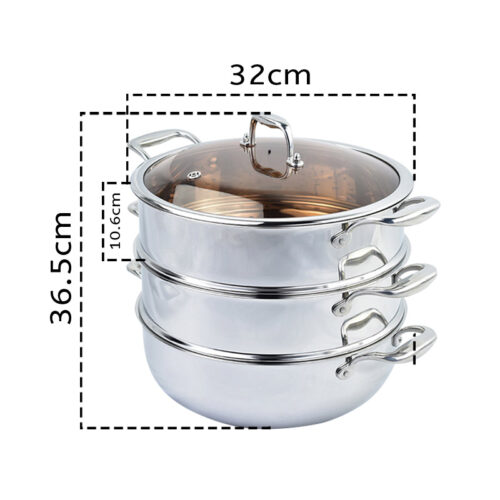 3 Tier 32cm Heavy Duty Stainless Steel Food Steamer Vegetable Pot Stackable Pan Insert with Glass Lid - Image 2