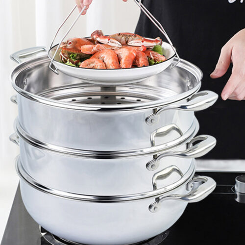 3 Tier 32cm Heavy Duty Stainless Steel Food Steamer Vegetable Pot Stackable Pan Insert with Glass Lid - Image 7
