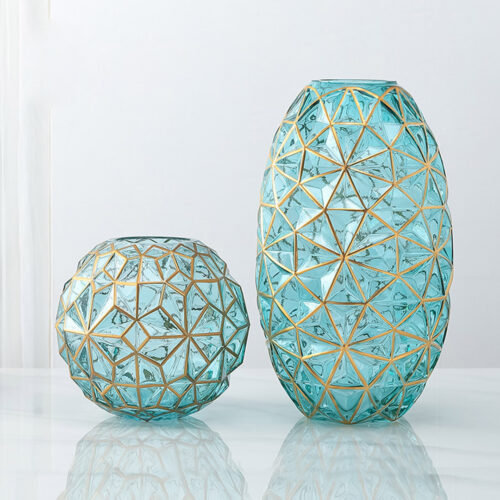 2x Green Colored Diamond Cut Glass Flower Vase Round Jar Decor with Gold Accent Large Medium Set - Image 3