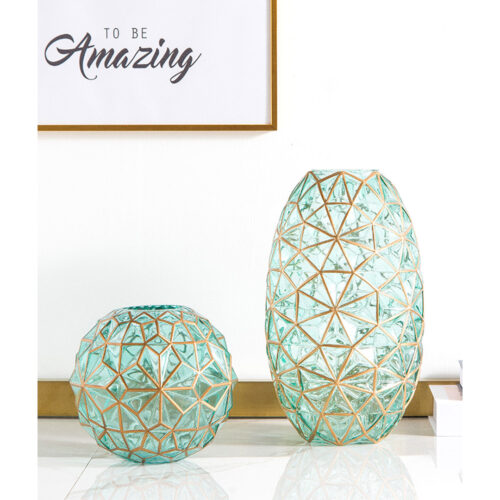 2x Green Colored Diamond Cut Glass Flower Vase Round Jar Decor with Gold Accent Large Medium Set - Image 4