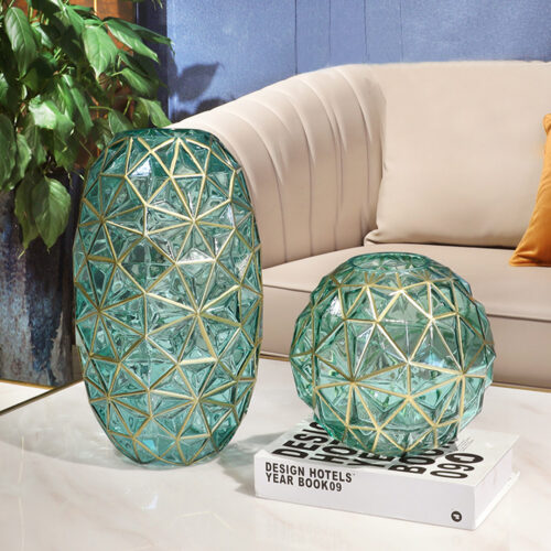 2x Green Colored Diamond Cut Glass Flower Vase Round Jar Decor with Gold Accent Large Medium Set - Image 5