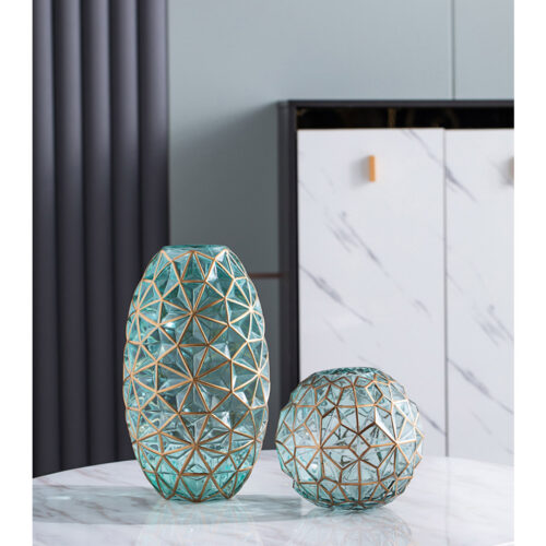 2x Green Colored Diamond Cut Glass Flower Vase Round Jar Decor with Gold Accent Large Medium Set - Image 6