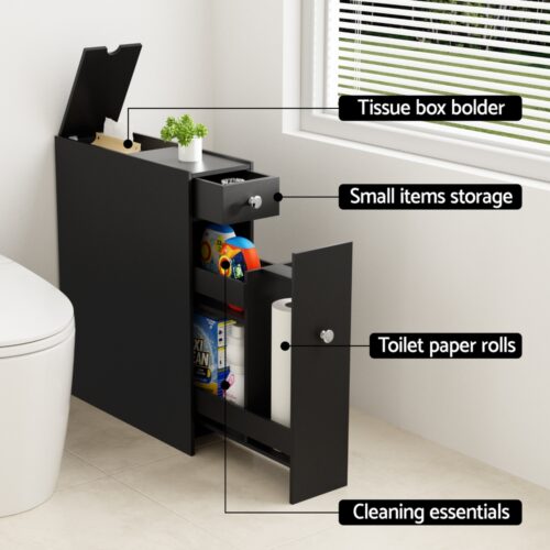 Artiss Bathroom Storage Cabinet Toilet Slim Tissue Box Caddy Holder Side Wooden Black - Image 3