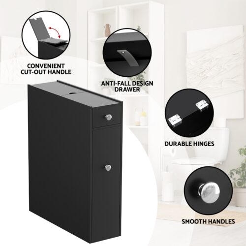 Artiss Bathroom Storage Cabinet Toilet Slim Tissue Box Caddy Holder Side Wooden Black - Image 4