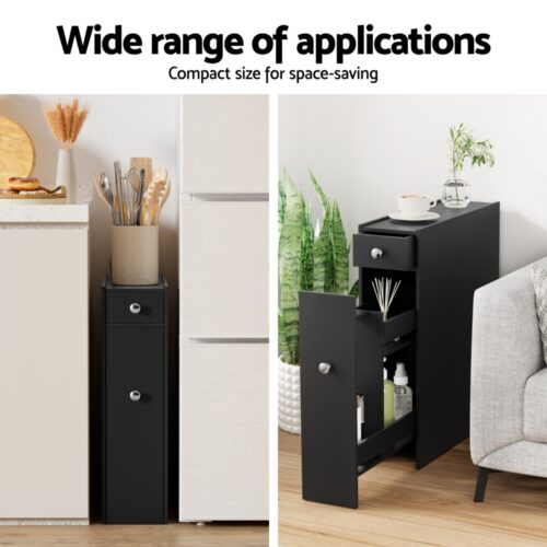Artiss Bathroom Storage Cabinet Toilet Slim Tissue Box Caddy Holder Side Wooden Black - Image 5